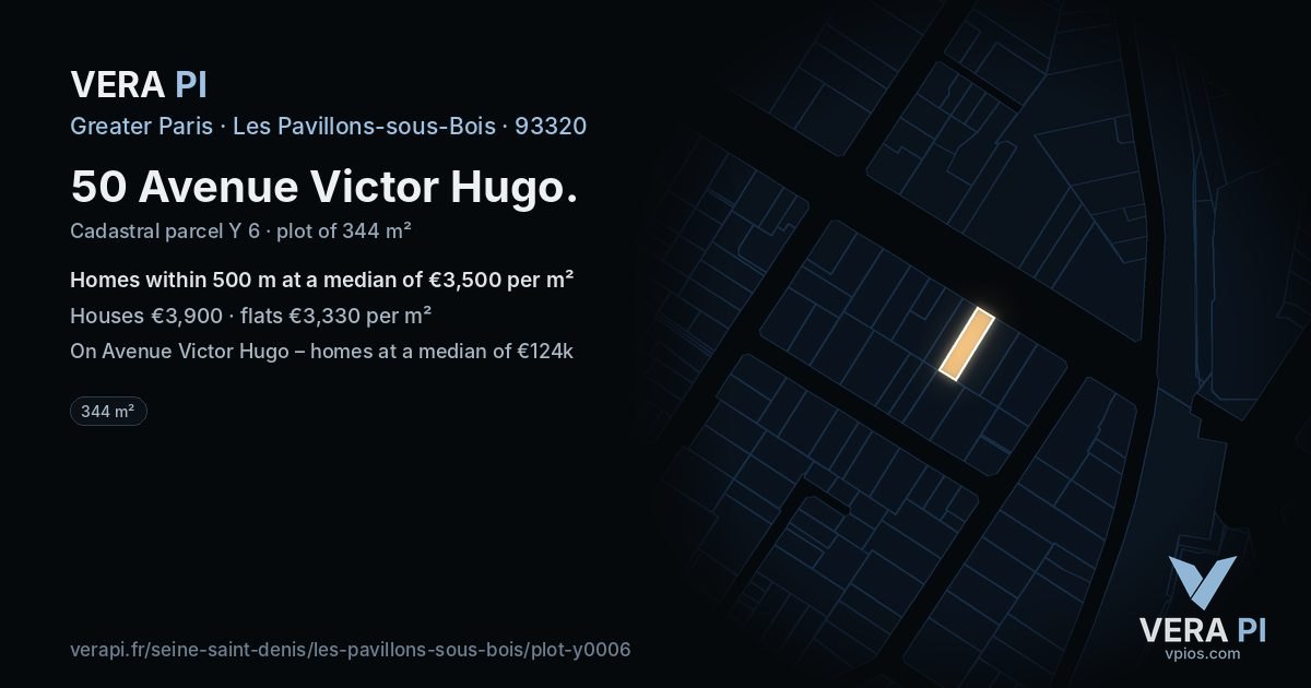 50 Avenue Victor Hugo, Les Pavillons-sous-Bois at night – the plot lit, the parcels around coloured by the prices near them