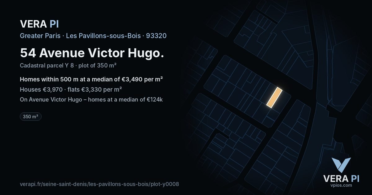 54 Avenue Victor Hugo, Les Pavillons-sous-Bois at night – the plot lit, the parcels around coloured by the prices near them