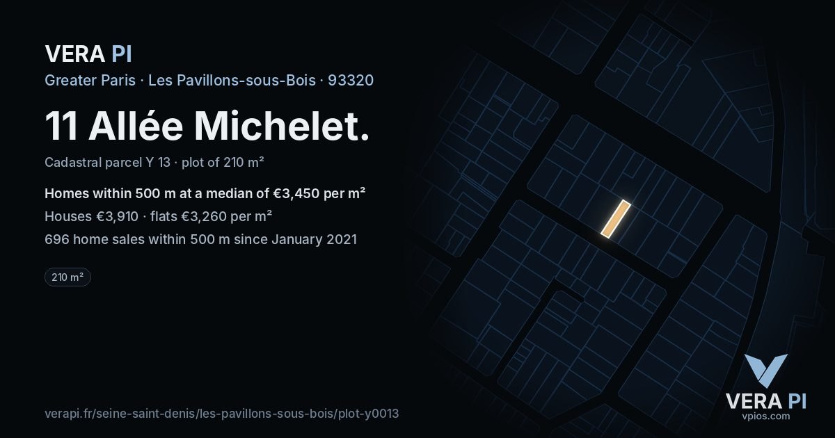 11 Allée Michelet, Les Pavillons-sous-Bois at night – the plot lit, the parcels around coloured by the prices near them