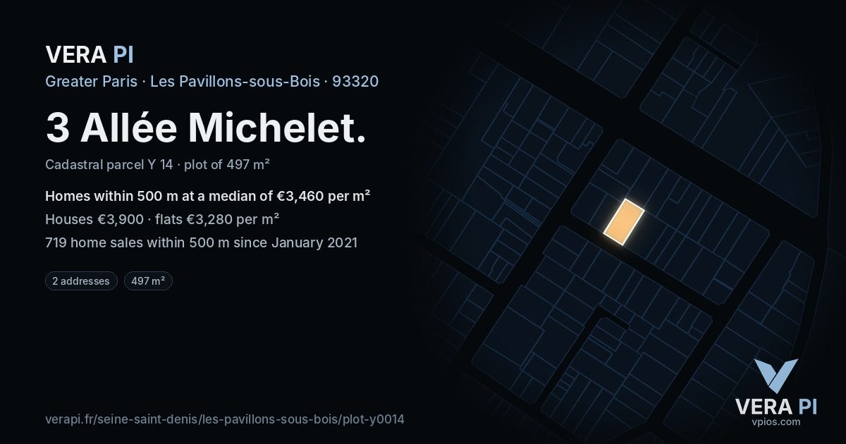 3 Allée Michelet, Les Pavillons-sous-Bois at night – the plot lit, the parcels around coloured by the prices near them