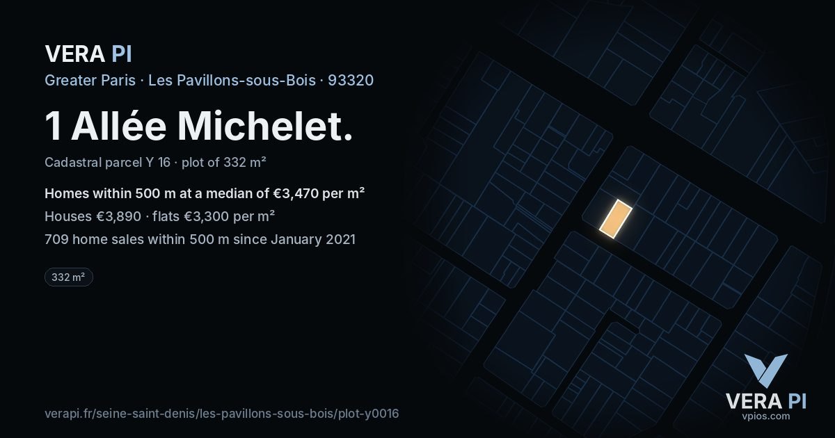 1 Allée Michelet, Les Pavillons-sous-Bois at night – the plot lit, the parcels around coloured by the prices near them
