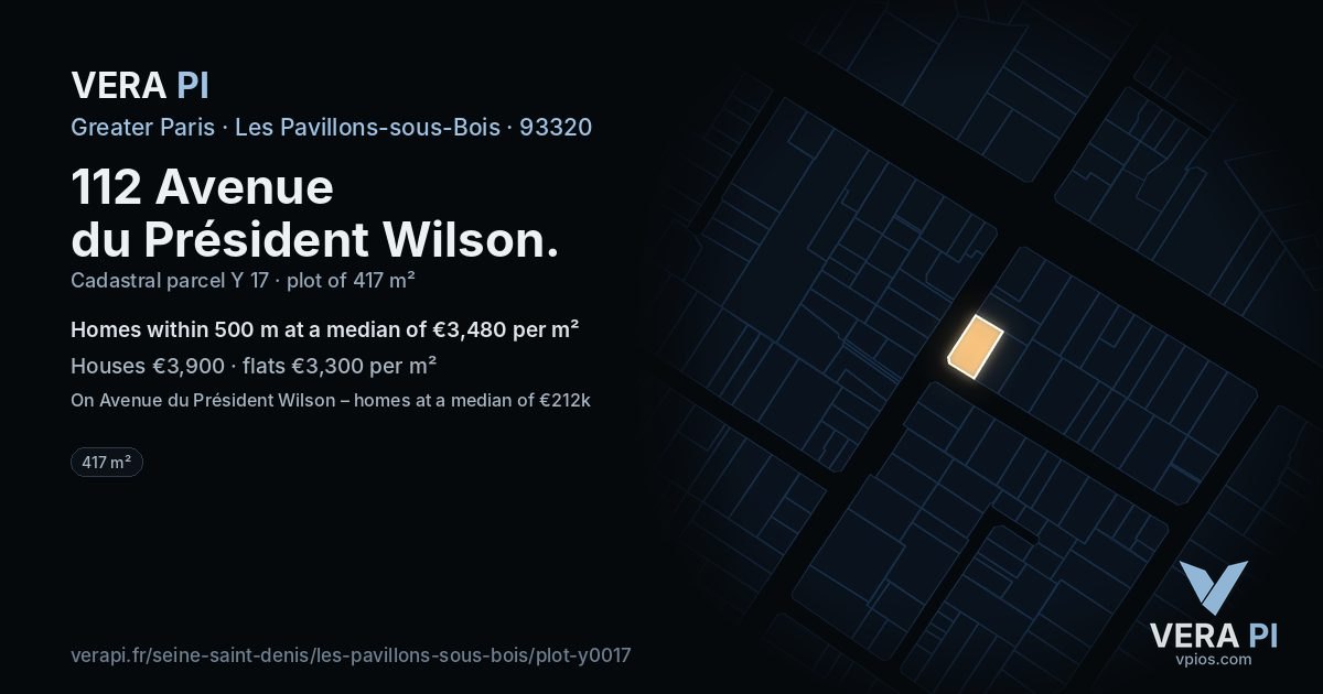 112 Avenue du Président Wilson, Les Pavillons-sous-Bois at night – the plot lit, the parcels around coloured by the prices near them