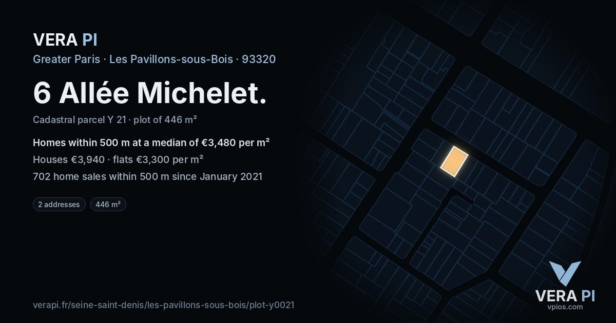 6 Allée Michelet, Les Pavillons-sous-Bois at night – the plot lit, the parcels around coloured by the prices near them