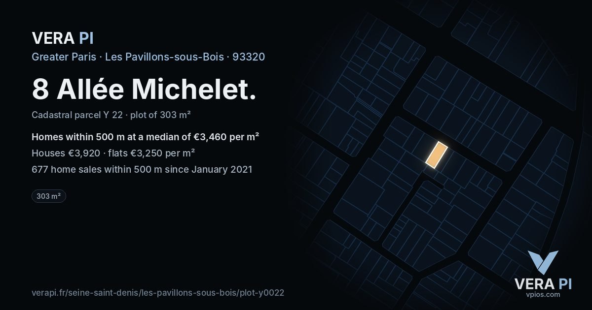 8 Allée Michelet, Les Pavillons-sous-Bois at night – the plot lit, the parcels around coloured by the prices near them