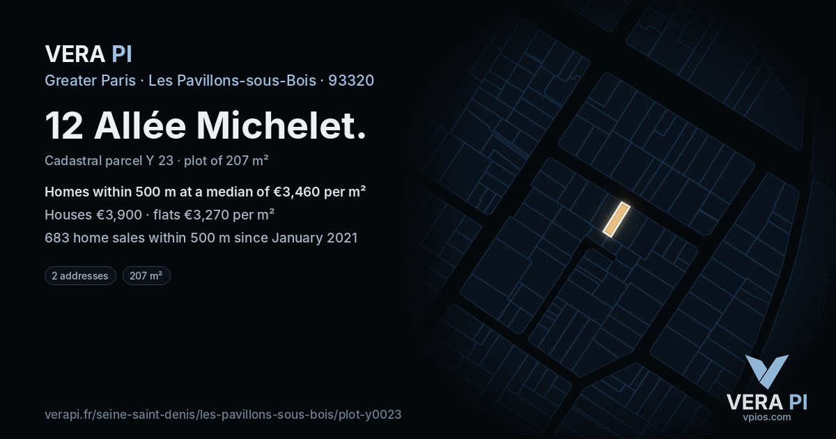 12 Allée Michelet, Les Pavillons-sous-Bois at night – the plot lit, the parcels around coloured by the prices near them