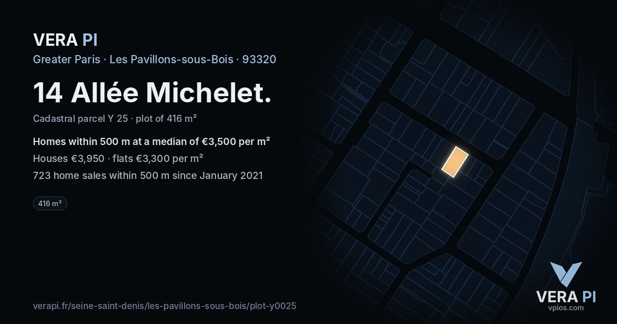 14 Allée Michelet, Les Pavillons-sous-Bois at night – the plot lit, the parcels around coloured by the prices near them