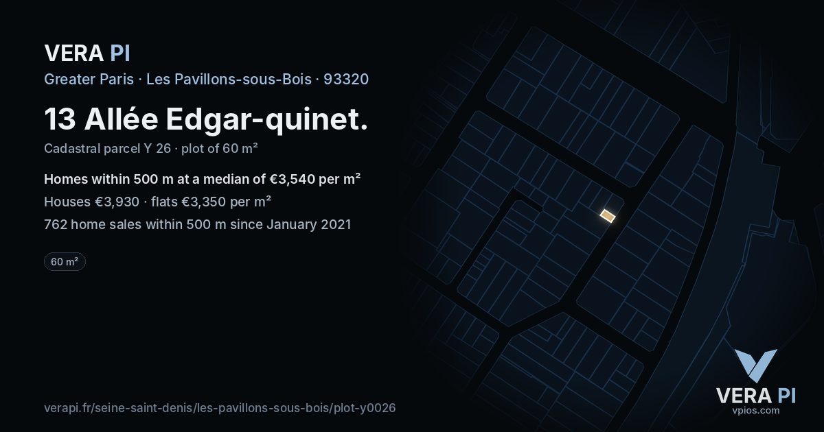 13 Allée Edgar-quinet, Les Pavillons-sous-Bois at night – the plot lit, the parcels around coloured by the prices near them