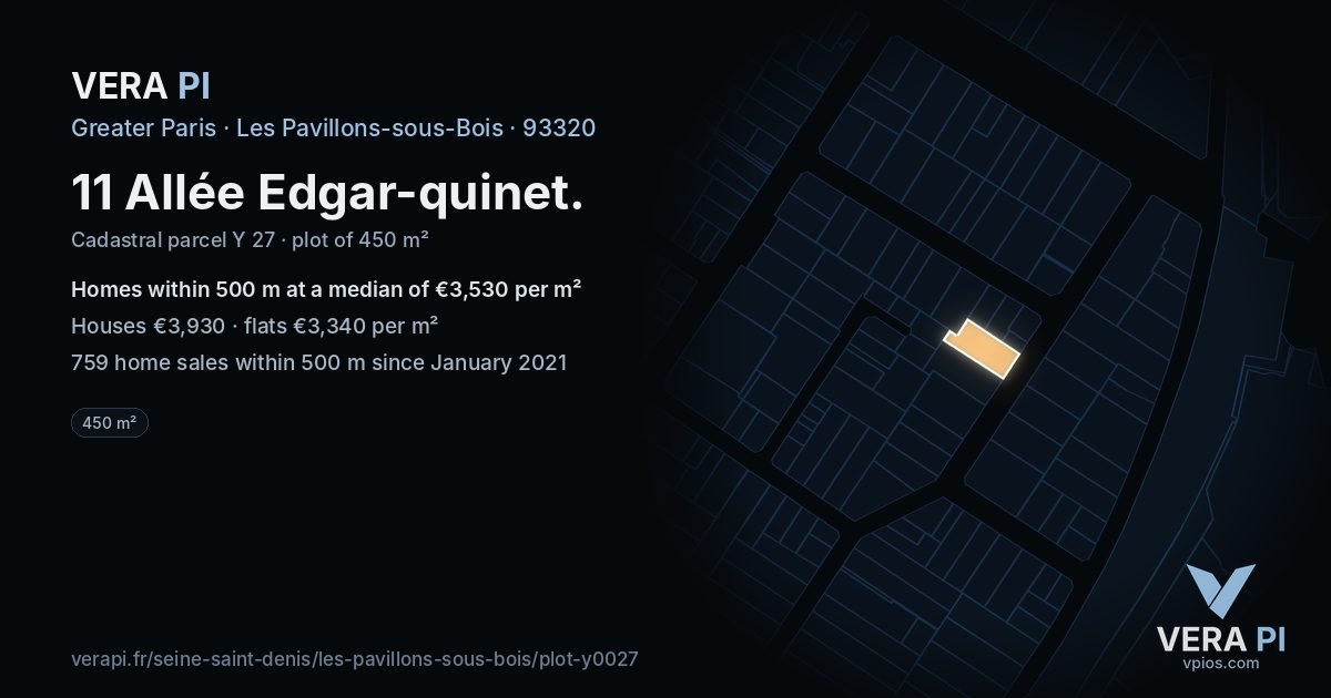 11 Allée Edgar-quinet, Les Pavillons-sous-Bois at night – the plot lit, the parcels around coloured by the prices near them