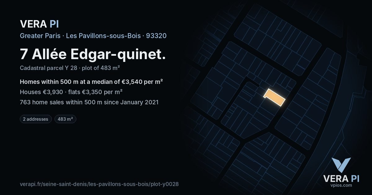 7 Allée Edgar-quinet, Les Pavillons-sous-Bois at night – the plot lit, the parcels around coloured by the prices near them