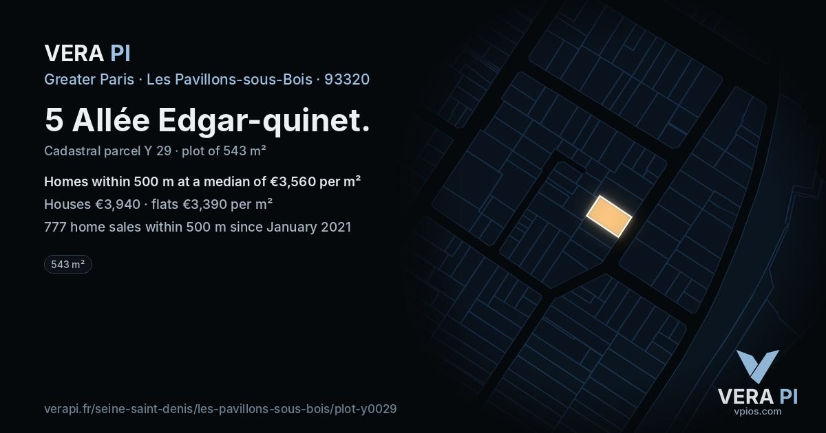 5 Allée Edgar-quinet, Les Pavillons-sous-Bois at night – the plot lit, the parcels around coloured by the prices near them