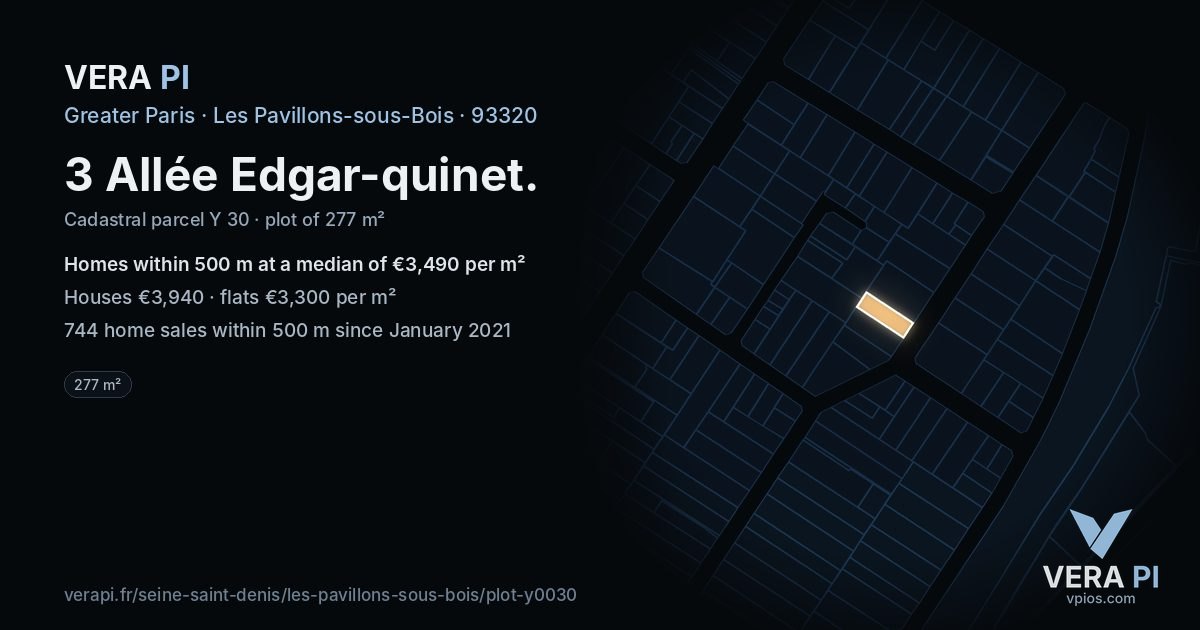 3 Allée Edgar-quinet, Les Pavillons-sous-Bois at night – the plot lit, the parcels around coloured by the prices near them