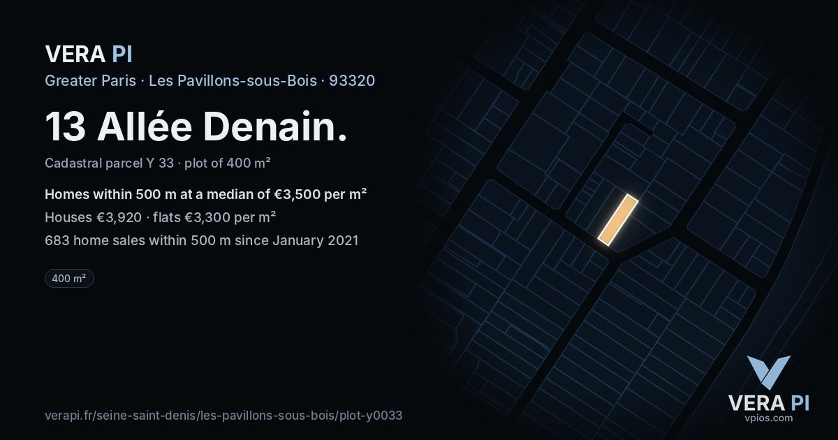 13 Allée Denain, Les Pavillons-sous-Bois at night – the plot lit, the parcels around coloured by the prices near them