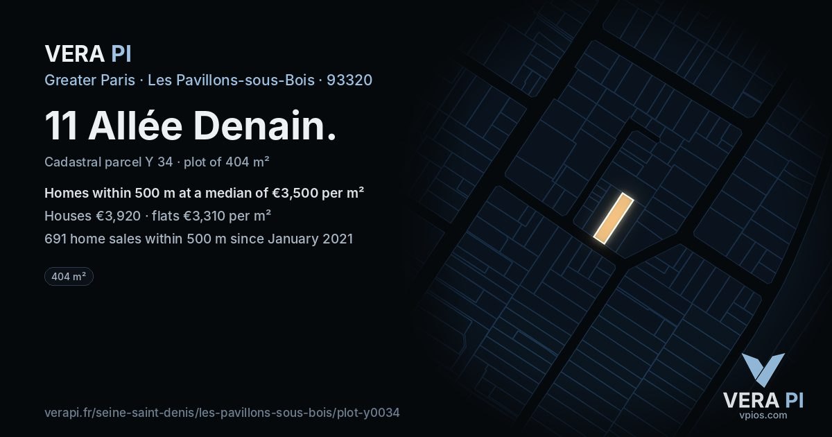 11 Allée Denain, Les Pavillons-sous-Bois at night – the plot lit, the parcels around coloured by the prices near them