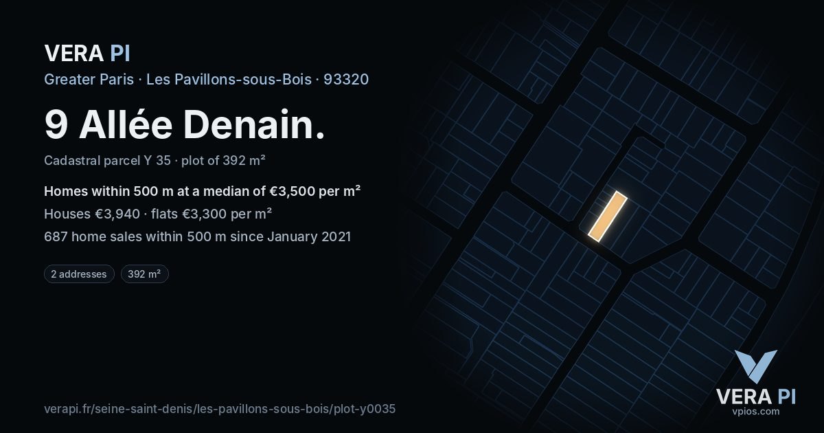 9 Allée Denain, Les Pavillons-sous-Bois at night – the plot lit, the parcels around coloured by the prices near them