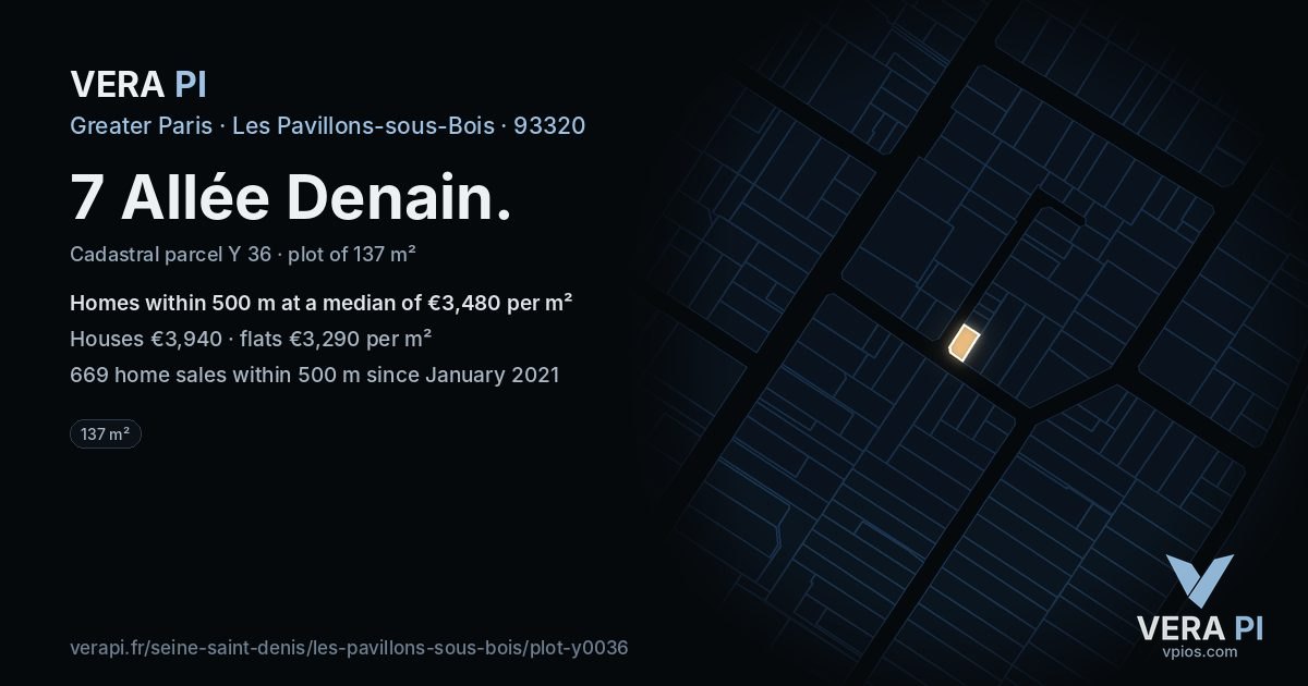 7 Allée Denain, Les Pavillons-sous-Bois at night – the plot lit, the parcels around coloured by the prices near them