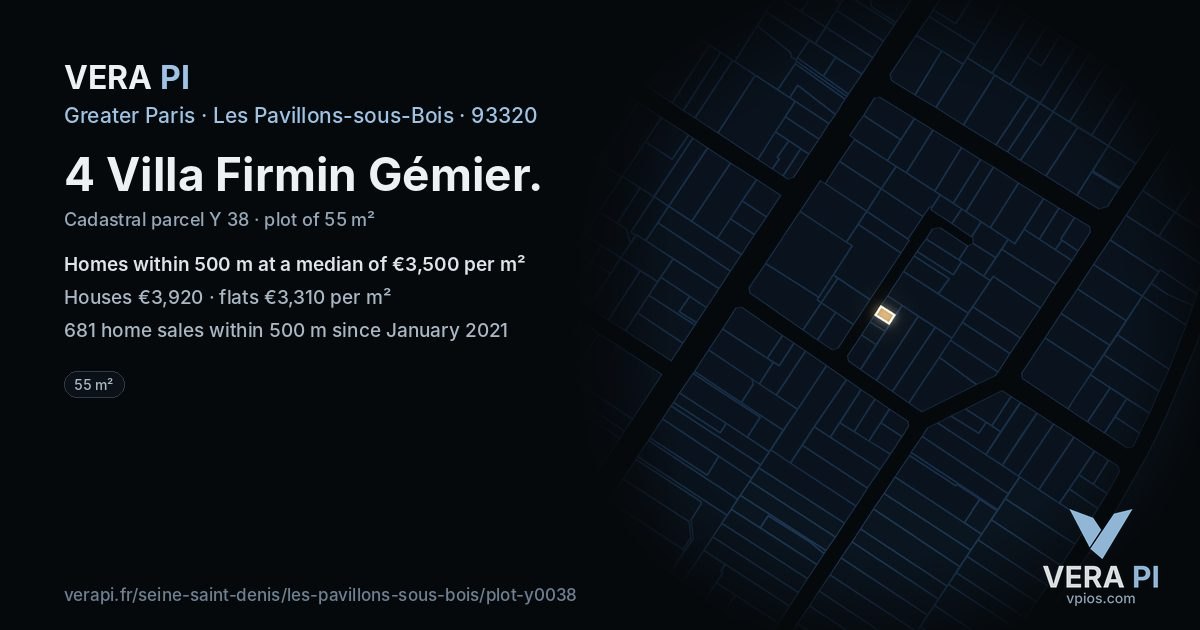 4 Villa Firmin Gémier, Les Pavillons-sous-Bois at night – the plot lit, the parcels around coloured by the prices near them