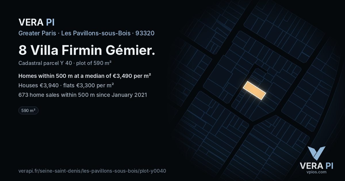 8 Villa Firmin Gémier, Les Pavillons-sous-Bois at night – the plot lit, the parcels around coloured by the prices near them