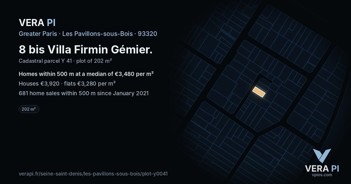 8 bis Villa Firmin Gémier, Les Pavillons-sous-Bois at night – the plot lit, the parcels around coloured by the prices near them
