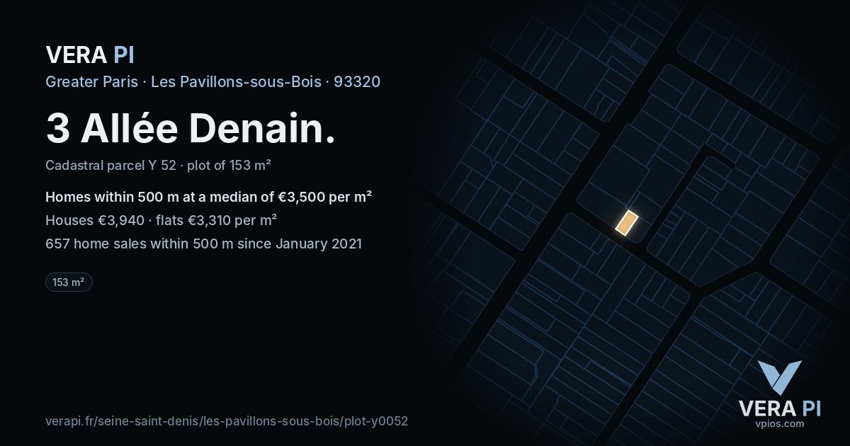 3 Allée Denain, Les Pavillons-sous-Bois at night – the plot lit, the parcels around coloured by the prices near them