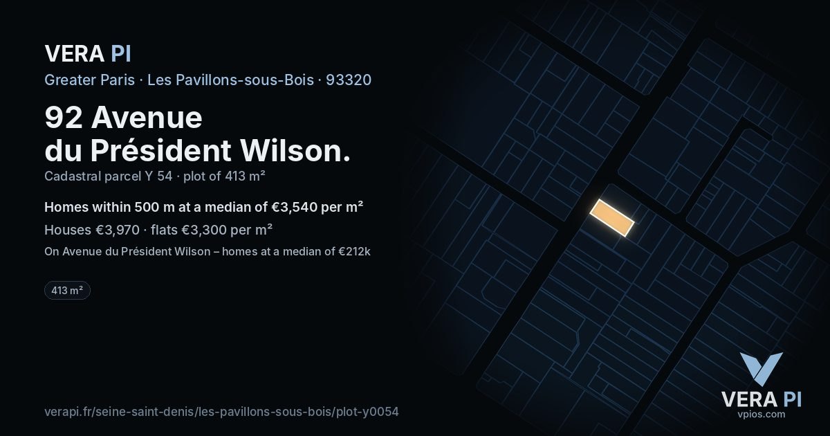 92 Avenue du Président Wilson, Les Pavillons-sous-Bois at night – the plot lit, the parcels around coloured by the prices near them