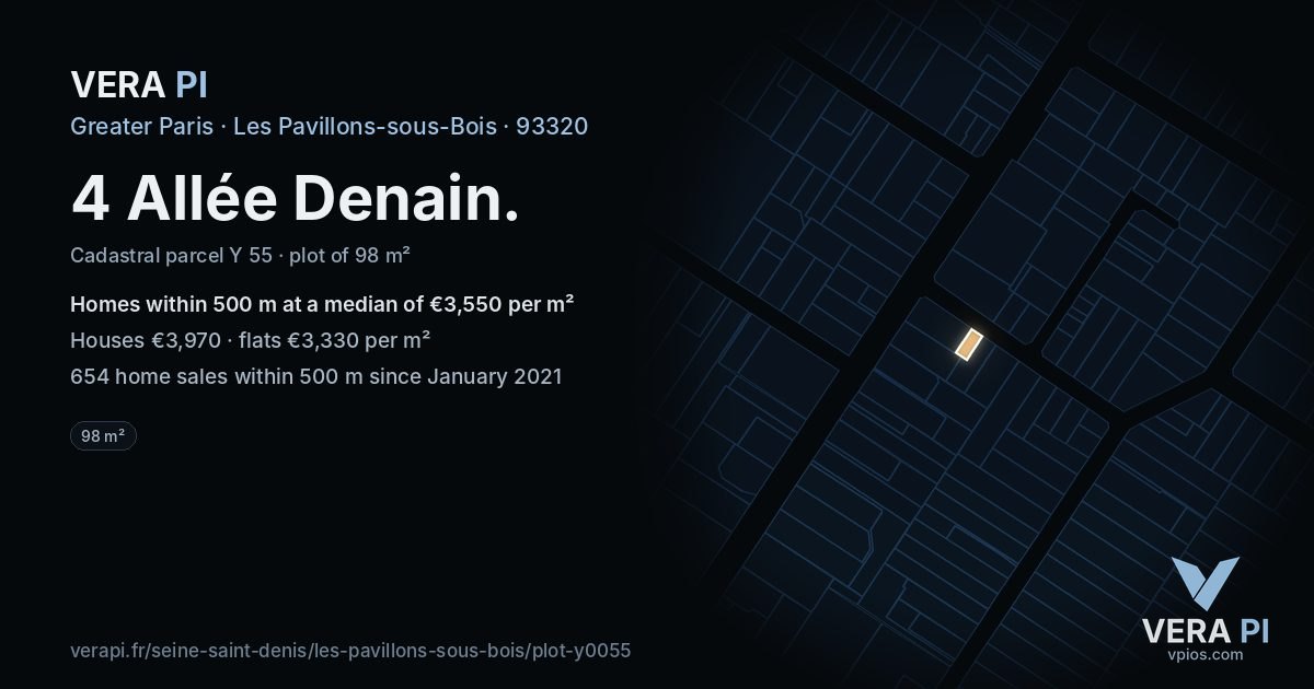 4 Allée Denain, Les Pavillons-sous-Bois at night – the plot lit, the parcels around coloured by the prices near them