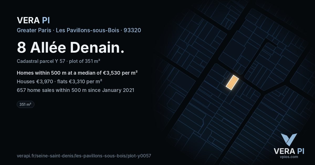 8 Allée Denain, Les Pavillons-sous-Bois at night – the plot lit, the parcels around coloured by the prices near them