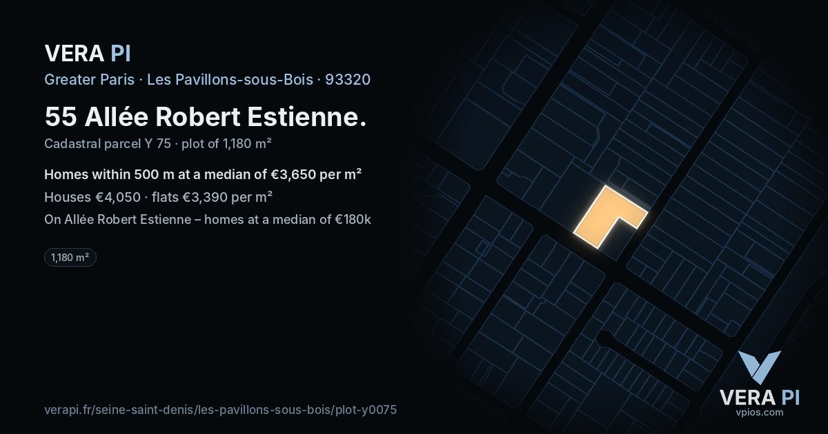 55 Allée Robert Estienne, Les Pavillons-sous-Bois at night – the plot lit, the parcels around coloured by the prices near them