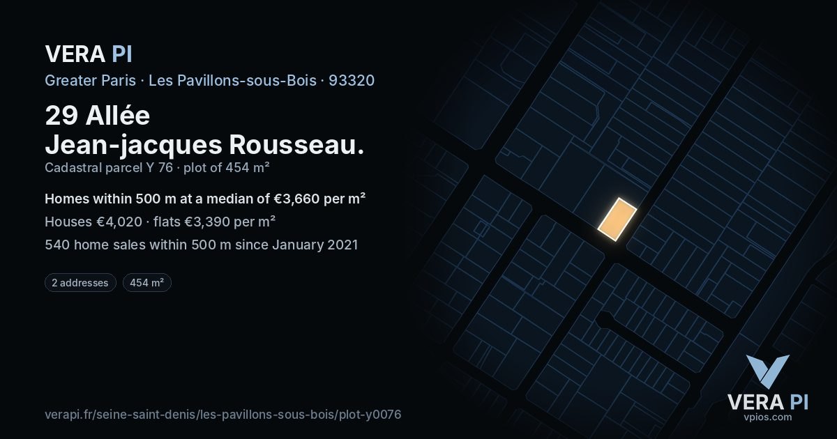 29 Allée Jean-jacques Rousseau, Les Pavillons-sous-Bois at night – the plot lit, the parcels around coloured by the prices near them