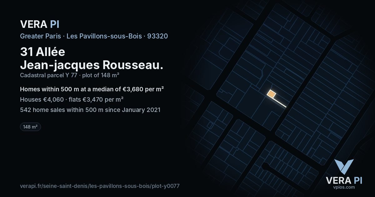 31 Allée Jean-jacques Rousseau, Les Pavillons-sous-Bois at night – the plot lit, the parcels around coloured by the prices near them