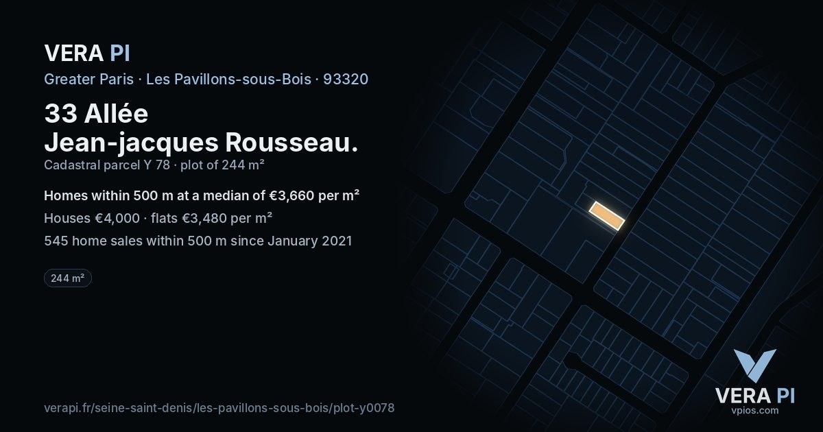 33 Allée Jean-jacques Rousseau, Les Pavillons-sous-Bois at night – the plot lit, the parcels around coloured by the prices near them