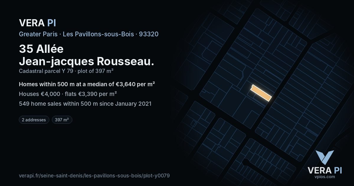 35 Allée Jean-jacques Rousseau, Les Pavillons-sous-Bois at night – the plot lit, the parcels around coloured by the prices near them