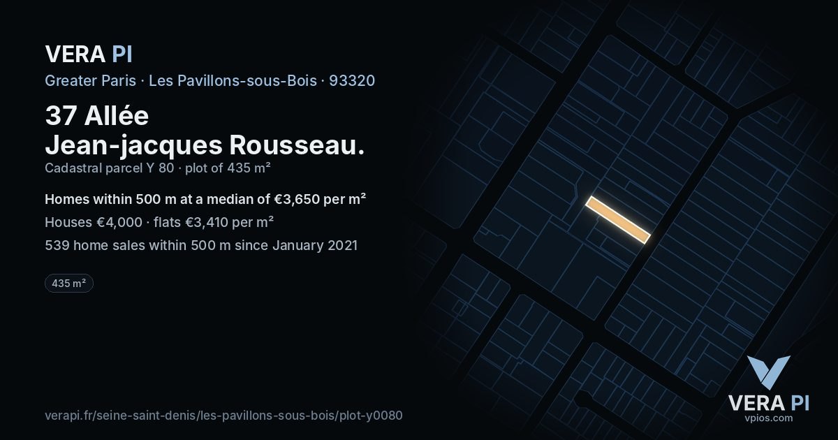 37 Allée Jean-jacques Rousseau, Les Pavillons-sous-Bois at night – the plot lit, the parcels around coloured by the prices near them