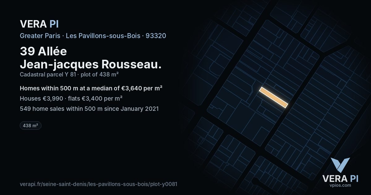 39 Allée Jean-jacques Rousseau, Les Pavillons-sous-Bois at night – the plot lit, the parcels around coloured by the prices near them