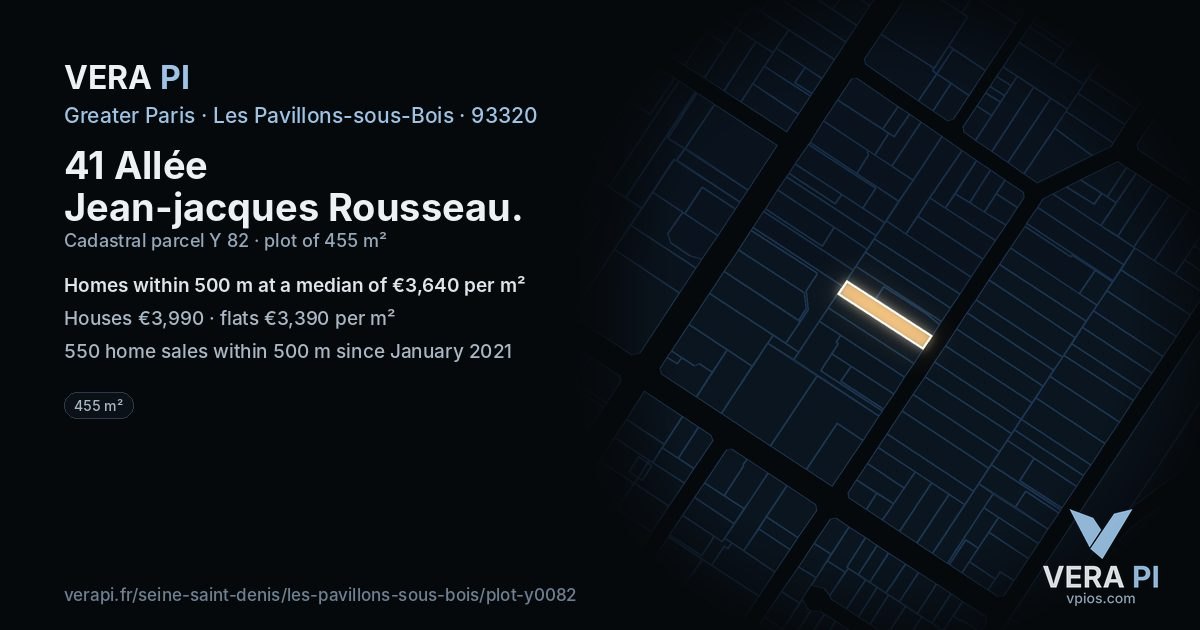 41 Allée Jean-jacques Rousseau, Les Pavillons-sous-Bois at night – the plot lit, the parcels around coloured by the prices near them