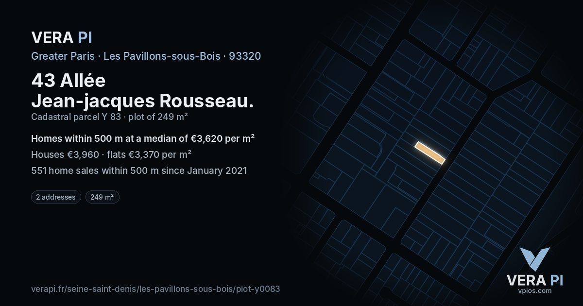 43 Allée Jean-jacques Rousseau, Les Pavillons-sous-Bois at night – the plot lit, the parcels around coloured by the prices near them