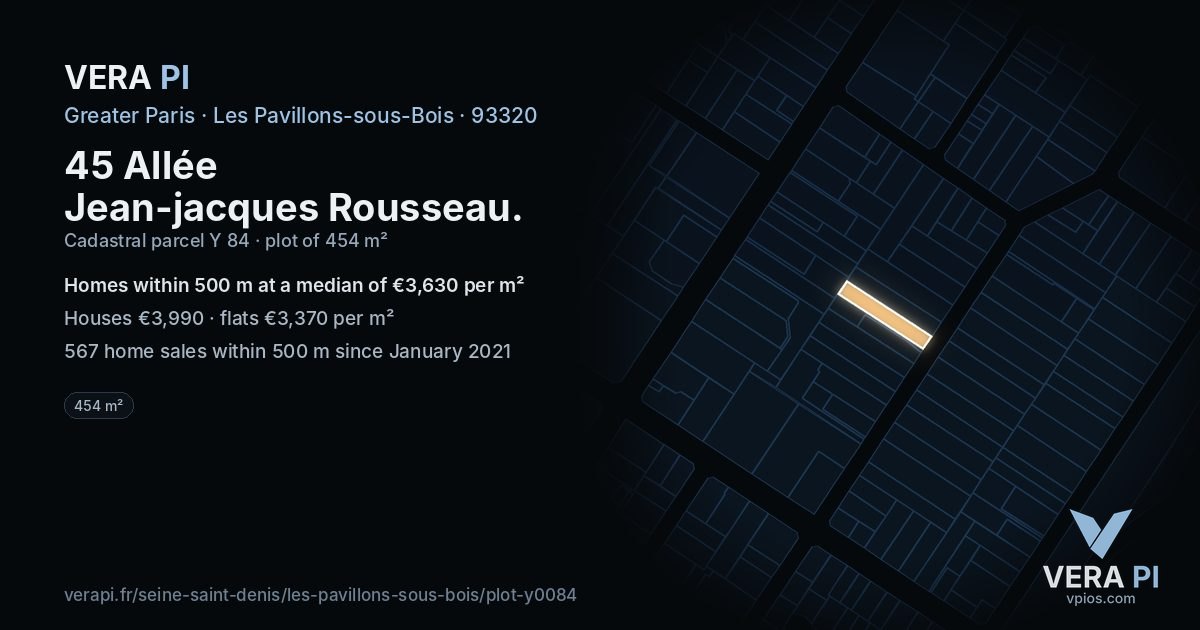45 Allée Jean-jacques Rousseau, Les Pavillons-sous-Bois at night – the plot lit, the parcels around coloured by the prices near them