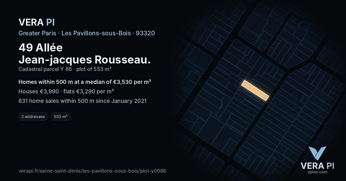 49 Allée Jean-jacques Rousseau, Les Pavillons-sous-Bois at night – the plot lit, the parcels around coloured by the prices near them