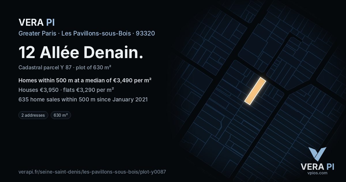 12 Allée Denain, Les Pavillons-sous-Bois at night – the plot lit, the parcels around coloured by the prices near them