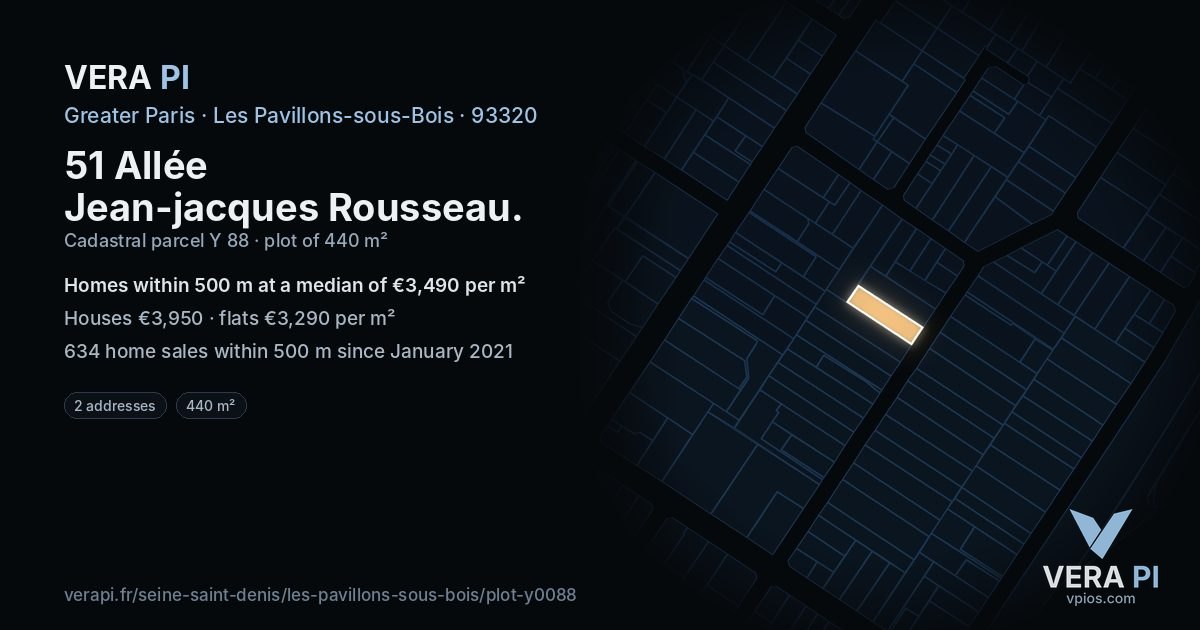 51 Allée Jean-jacques Rousseau, Les Pavillons-sous-Bois at night – the plot lit, the parcels around coloured by the prices near them