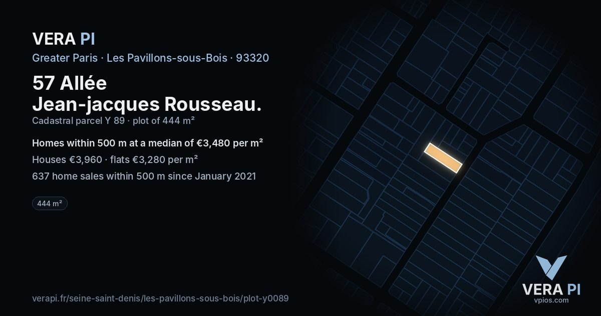 57 Allée Jean-jacques Rousseau, Les Pavillons-sous-Bois at night – the plot lit, the parcels around coloured by the prices near them