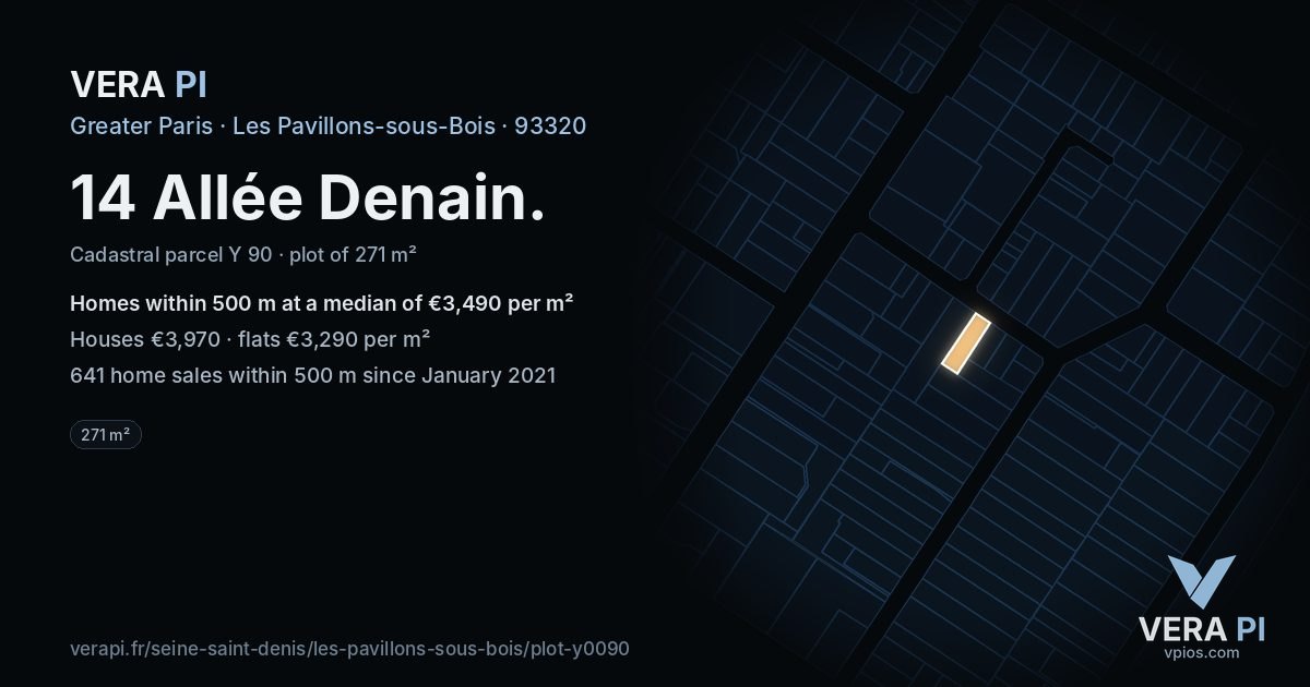 14 Allée Denain, Les Pavillons-sous-Bois at night – the plot lit, the parcels around coloured by the prices near them