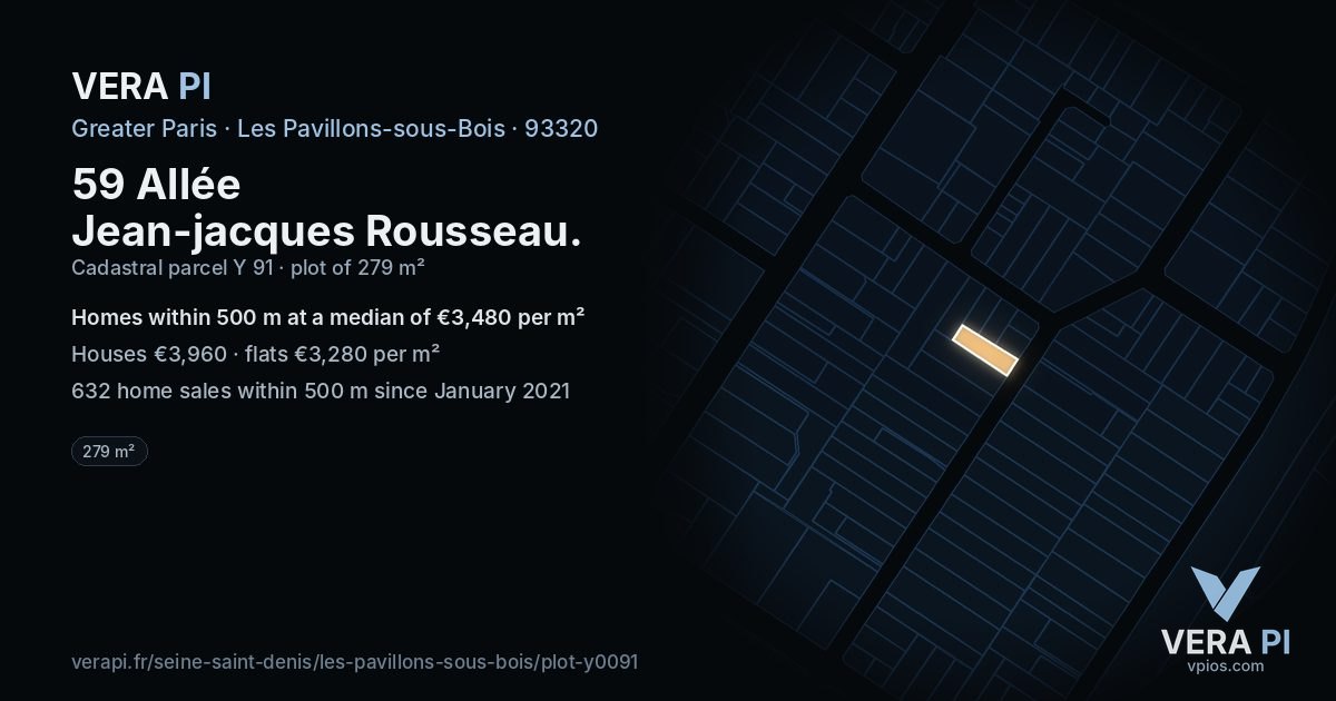 59 Allée Jean-jacques Rousseau, Les Pavillons-sous-Bois at night – the plot lit, the parcels around coloured by the prices near them