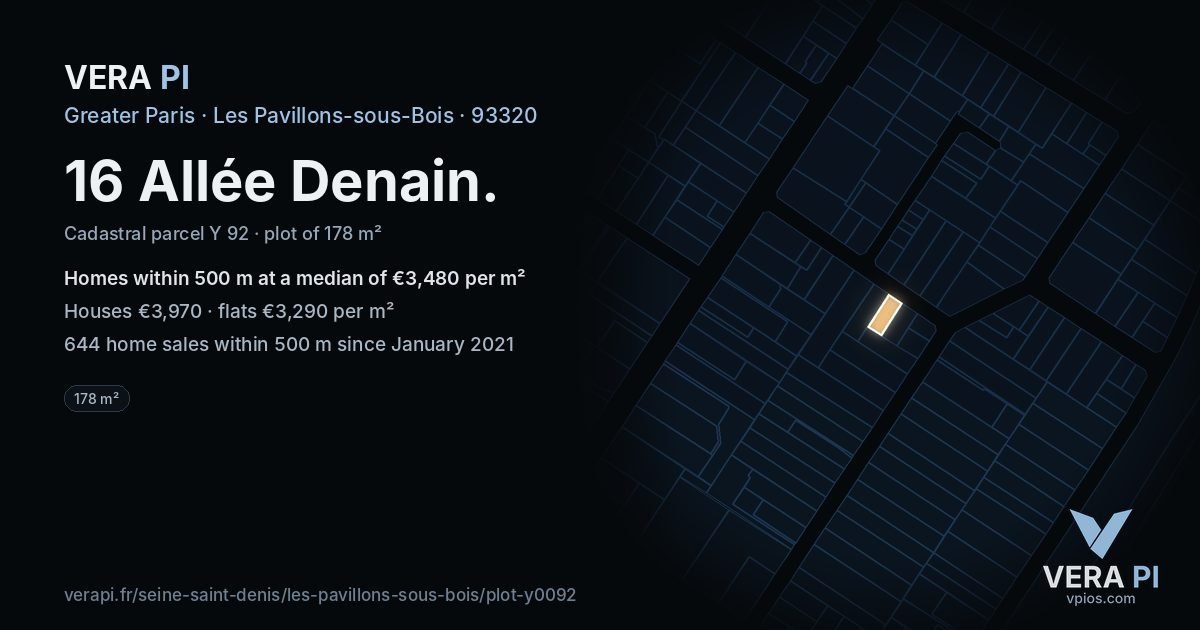 16 Allée Denain, Les Pavillons-sous-Bois at night – the plot lit, the parcels around coloured by the prices near them
