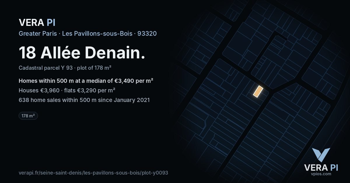 18 Allée Denain, Les Pavillons-sous-Bois at night – the plot lit, the parcels around coloured by the prices near them