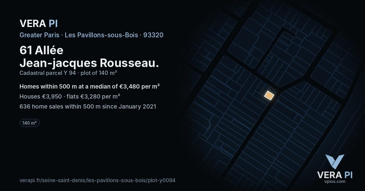 61 Allée Jean-jacques Rousseau, Les Pavillons-sous-Bois at night – the plot lit, the parcels around coloured by the prices near them