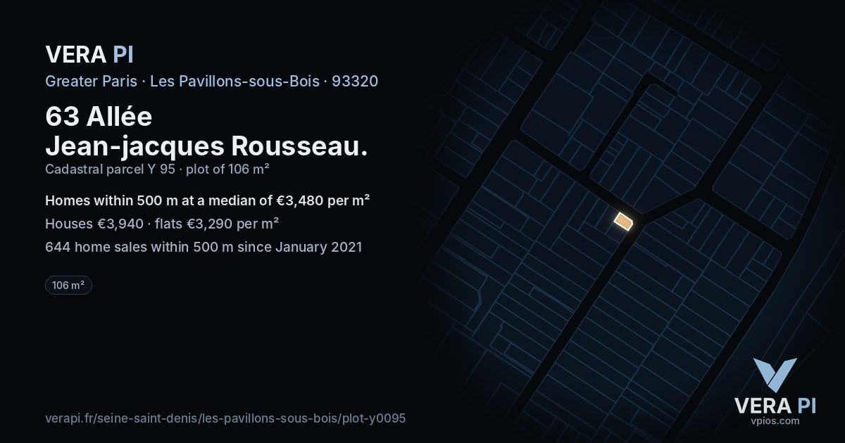 63 Allée Jean-jacques Rousseau, Les Pavillons-sous-Bois at night – the plot lit, the parcels around coloured by the prices near them