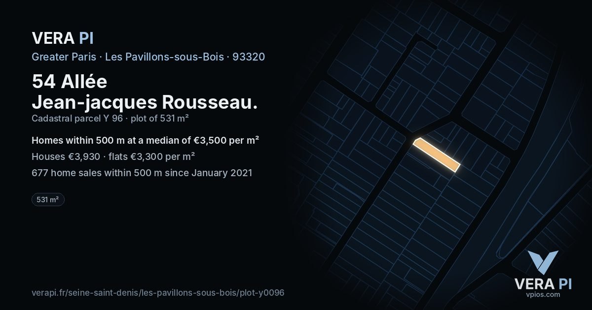 54 Allée Jean-jacques Rousseau, Les Pavillons-sous-Bois at night – the plot lit, the parcels around coloured by the prices near them