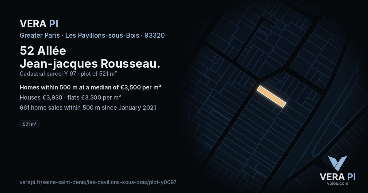 52 Allée Jean-jacques Rousseau, Les Pavillons-sous-Bois at night – the plot lit, the parcels around coloured by the prices near them