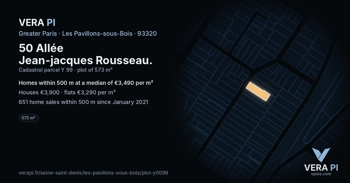 50 Allée Jean-jacques Rousseau, Les Pavillons-sous-Bois at night – the plot lit, the parcels around coloured by the prices near them