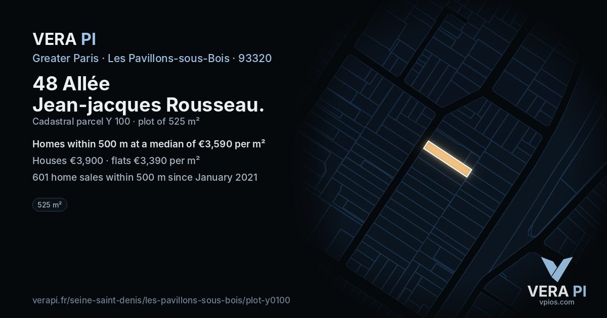48 Allée Jean-jacques Rousseau, Les Pavillons-sous-Bois at night – the plot lit, the parcels around coloured by the prices near them